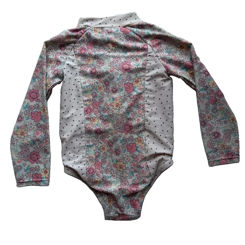 Jessica Simpson Floral Long Sleeve One Piece Swimsuit In Pink And Cream, Size 2T